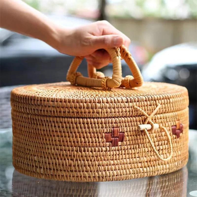 Caixa De Armazenamento De Rattan com Alça - Moderna Decoração