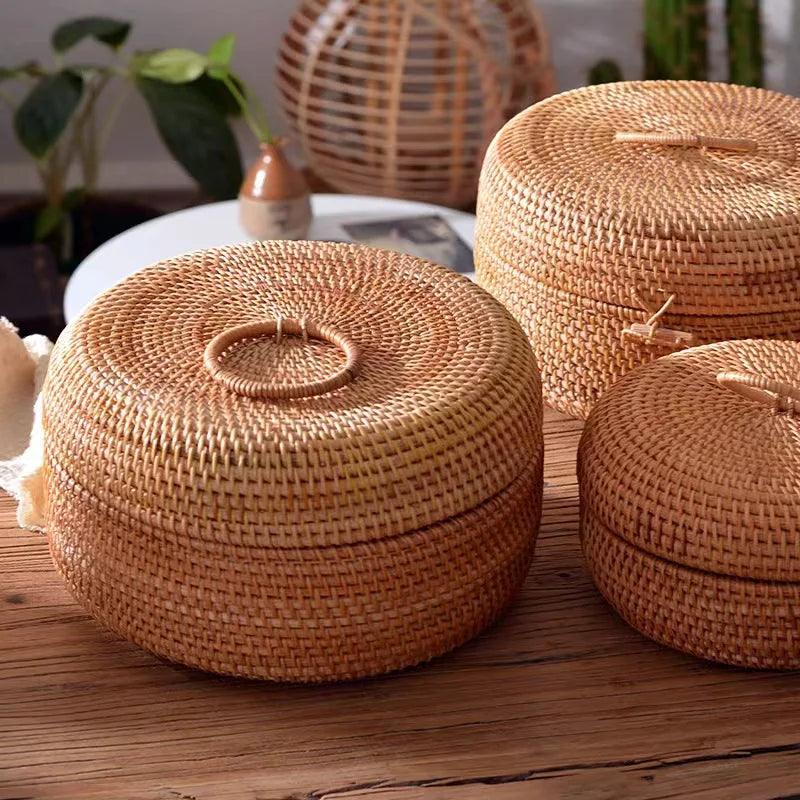 Caixa de Armazenamento Redonda de Rattan com Tampa - Moderna Decoração