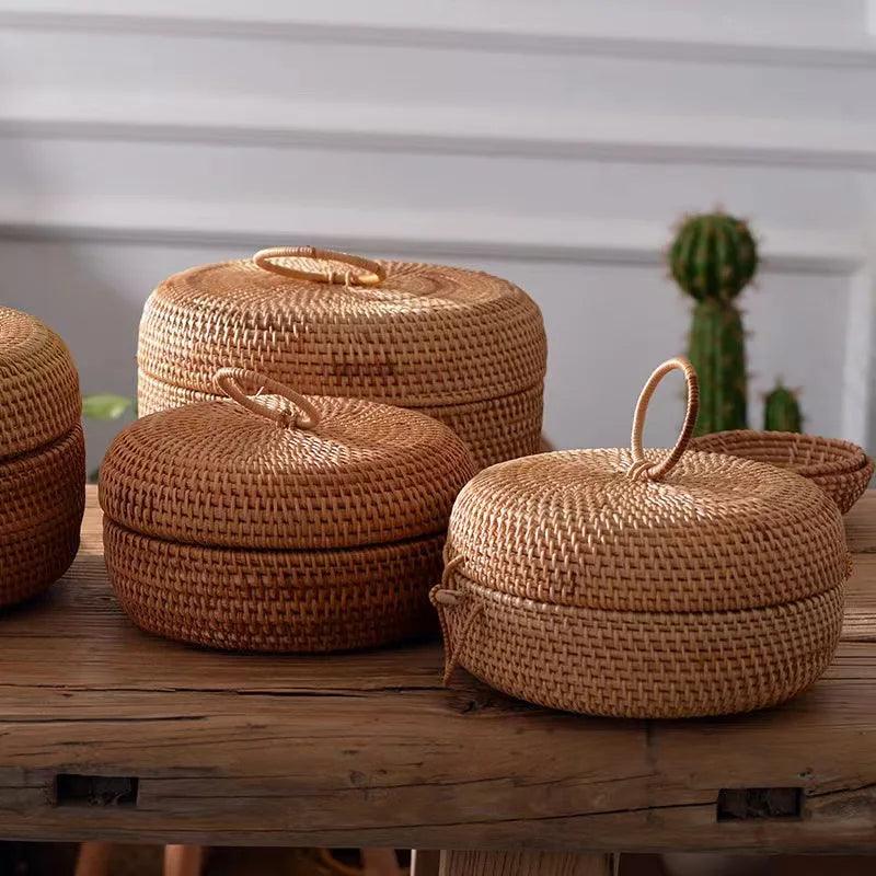 Caixa de Armazenamento Redonda de Rattan com Tampa - Moderna Decoração