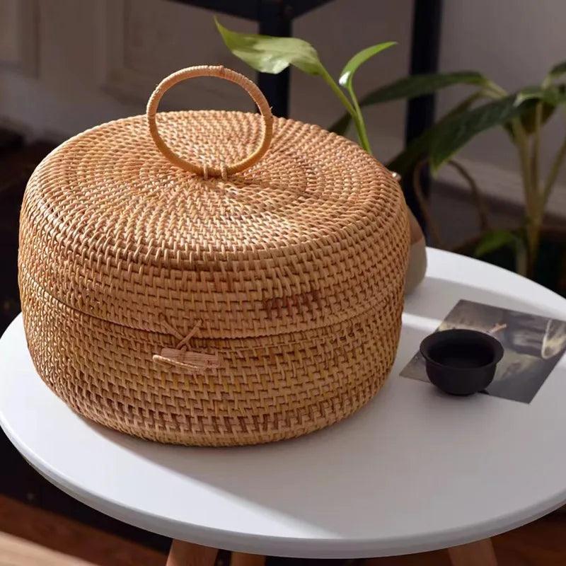 Caixa de Armazenamento Redonda de Rattan com Tampa - Moderna Decoração