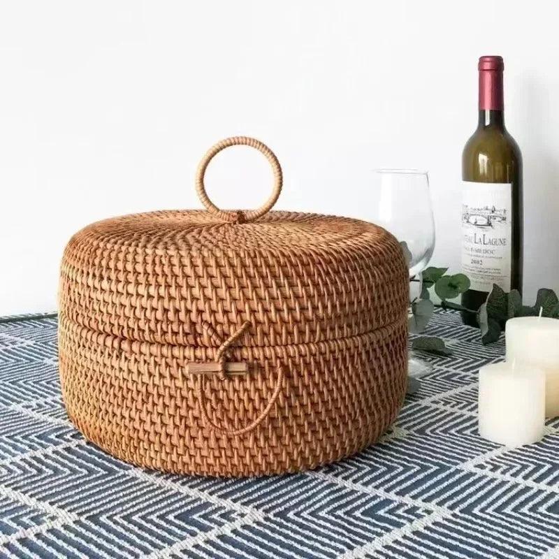 Caixa de Armazenamento Redonda de Rattan com Tampa - Moderna Decoração