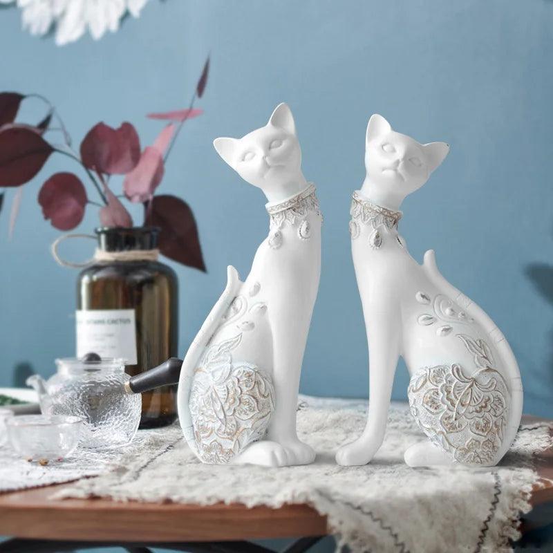 Escultura Decorativa Casal Gato em Resina - Moderna Decoração