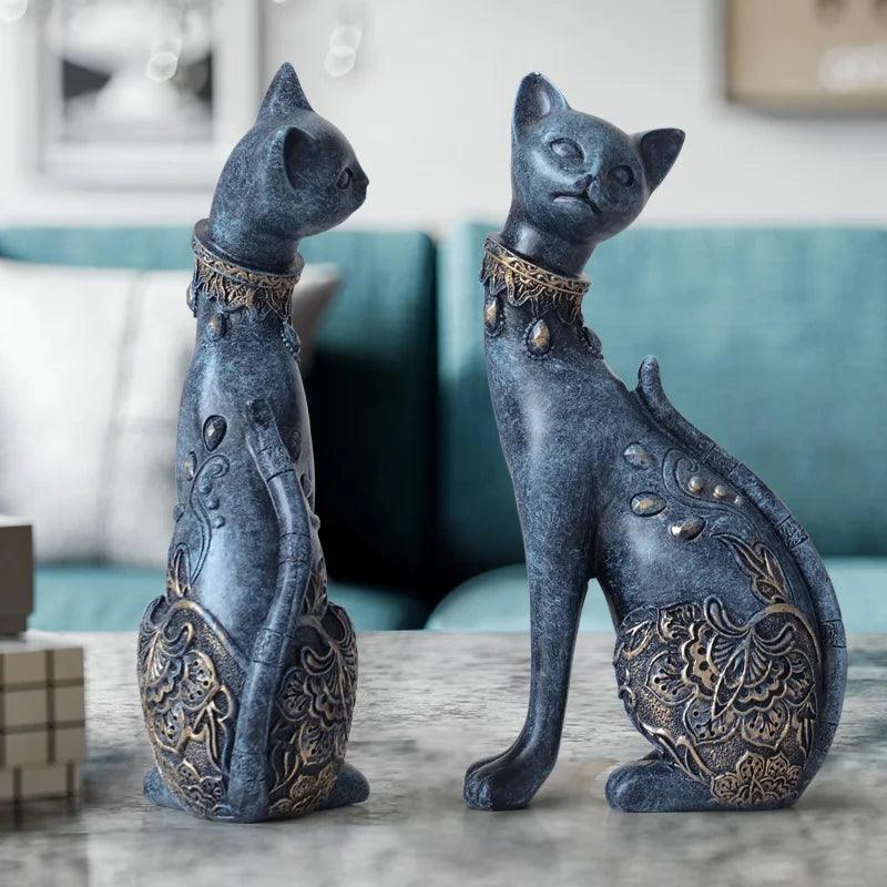 Escultura Decorativa Casal Gato em Resina - Moderna Decoração