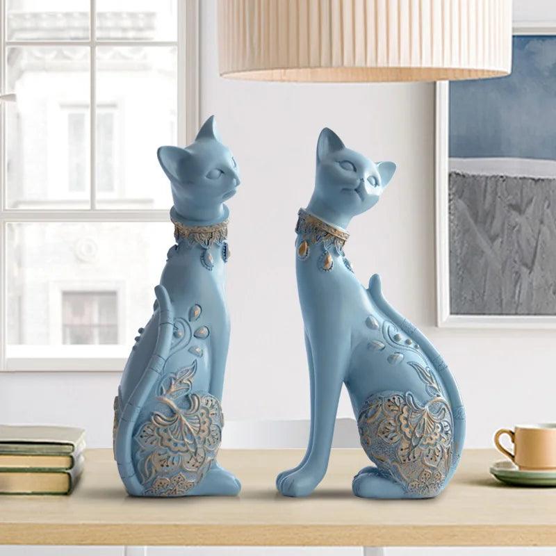 Escultura Decorativa Casal Gato em Resina - Moderna Decoração